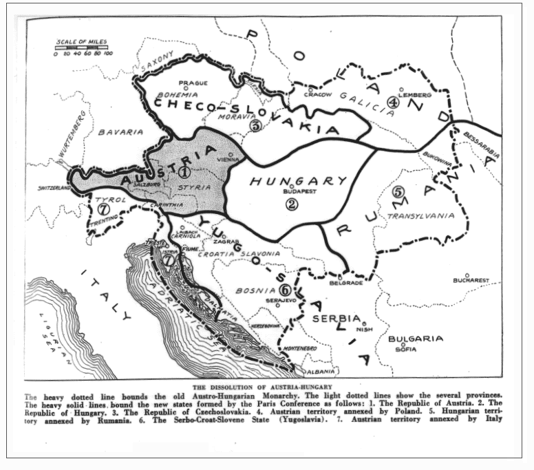 Nrt rozdelenia Raksko-Uhorska v Trianonskej mierovej zmluve / Zdroj: Wikipedia